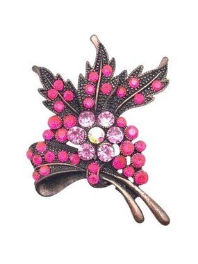 Bouquet Brooch Pink Rhinestones Antiqued Copper  Look 2-1/4" x 2-1/4"